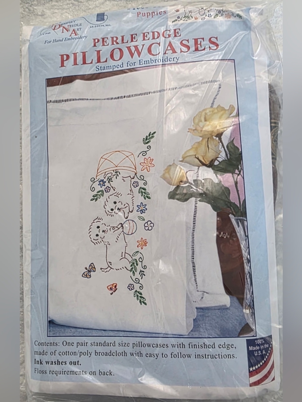 Puppies Perle Edge Pillowcases Stamped For Embroidery With Floss